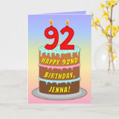 92番目の誕生日—おもしろいケーキとキャンドル、名前をカスタムする付き カード (黄色い花)