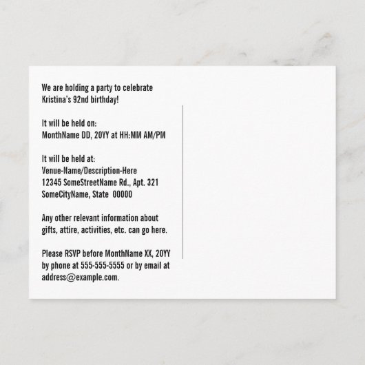 92番目の誕生日-おもしろい花火、レインボールック"92" ポストカード (裏面)