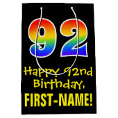 92番目の誕生日:はっきりしたおもしろい、カラフル、レインボー"92" ミディアムペーパーバッグ (正面)