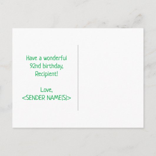 92番目の誕生日: はっきりした,おもしろい,シンプル虹， 92 ポストカード (裏面)