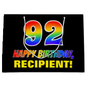 92番目の誕生日: はっきりした,おもしろい,シンプル虹, 92 ラージペーパーバッグ (正面)