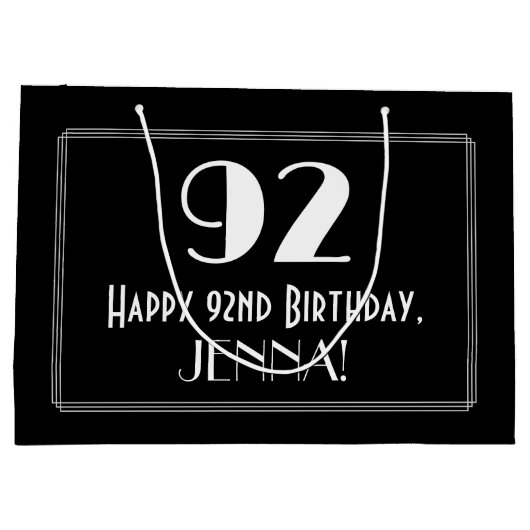 92番目の誕生日:インスパイアアールデコスタイル「92」、名前 ラージペーパーバッグ (裏面)