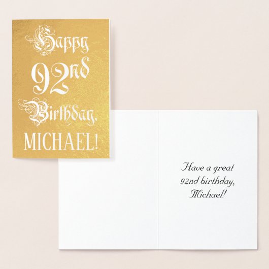 92番目の誕生日:、エレガントスクリプ華美ト;名前をカスタムする 箔カード (ディスプレー)
