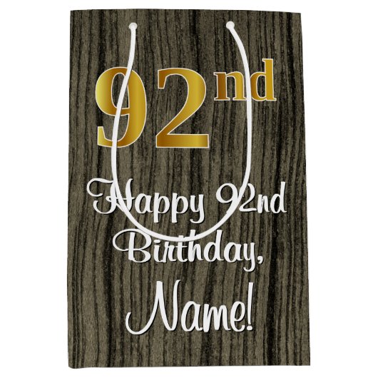 92番目の誕生日:エレガントフェイク金ゴールドルック#、フェイクWood ミディアムペーパーバッグ (正面)