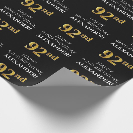 92番目の誕生日: エレガント、黒、フェイク金ゴールド ラッピングペーパー (角)