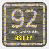 92番目の誕生日:フローラ番号フェイク、木目、名前 スクエアシール (正面)