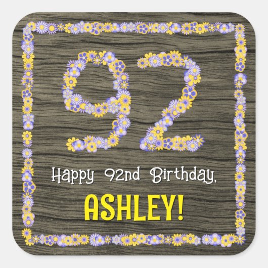 92番目の誕生日:フローラ番号フェイク、木目、名前 スクエアシール (正面)