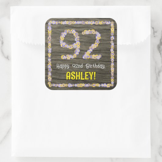 92番目の誕生日:フローラ番号フェイク、木目、名前 スクエアシール (バッグ)