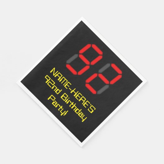 92番目の誕生日：レッドデジタルクロックスタイル"92" +名前 スタンダードランチョンナプキン (角)