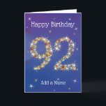 92番目の誕生日- 92イン星 – 青 – 年齢92 カード<br><div class="desc">92番目の誕生日カード。星92 – 年齢番号 – 92秒誕生日カード – 青い背景 – カスタマイズ可能な文字。星付き青カード番号デザイン – 黄色、星で作成された番号"92赤と白"。カスタマイズ可能な文字：カードの前面：ハッピーバースデーと名前の追加。カスタマイズ可能な文字：内部カード：あなたが非常に幸せな92番目の誕生日を願う。「このテンプレートをパーソナライズ」で文字をクリック、必要に応じて編集または削除できる。より多くの色や他の年齢が利用可能である。特もし定の要件がある連絡よ。</div>