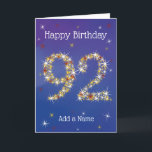 92番目の誕生日- 92イン星 – 青 – 年齢92 カード<br><div class="desc">92番目の誕生日カード。星92 – 年齢番号 – 92秒誕生日カード – 青い背景 – カスタマイズ可能な文字。星付き青カード番号デザイン – 黄色、星で作成された番号"92赤と白"。カスタマイズ可能な文字：カードの前面：ハッピーバースデーと名前の追加。カスタマイズ可能な文字：内部カード：あなたが非常に幸せな92番目の誕生日を願う。「このテンプレートをパーソナライズ」で文字をクリック、必要に応じて編集または削除できる。より多くの色や他の年齢が利用可能である。特もし定の要件がある連絡よ。</div>