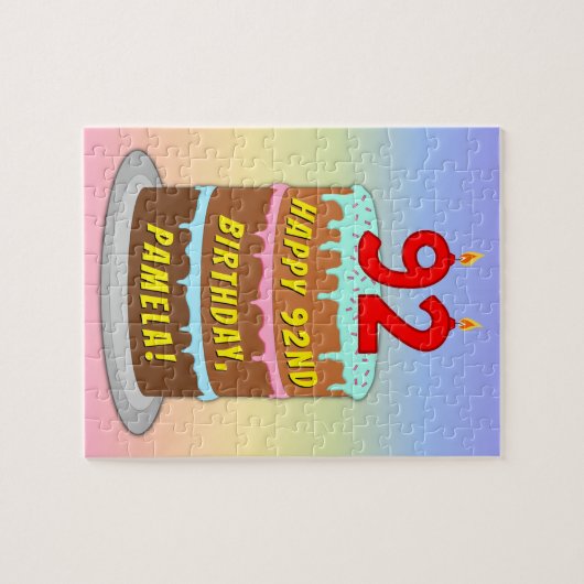 92誕生日:おもしろいケーキとキャンドル+名前をカスタムする ジグソーパズル (横)