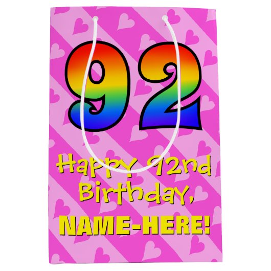 92誕生日:おもしろいピンクのハートストライプ; Rainbow 92 ミディアムペーパーバッグ (正面)