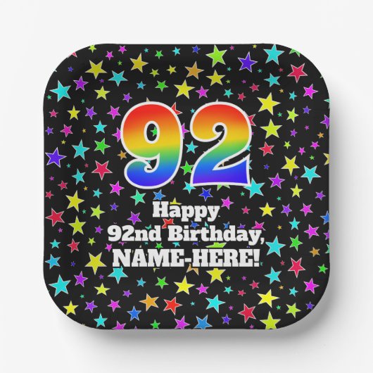 92誕生日:おもしろい星パターンと虹"92" ペーパープレート (正面)