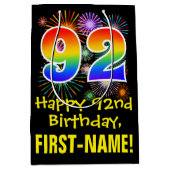 92誕生日:おもしろい花火パターン+虹92 ミディアムペーパーバッグ (正面)