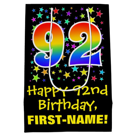 92誕生日:カラフルスターズパターン&レインボー92 ミディアムペーパーバッグ (裏面)