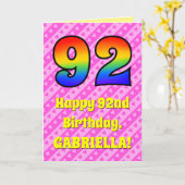 92誕生日:ピンクストライプハート、レインボー# 92 カード (黄色い花)