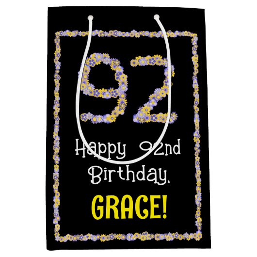 92誕生日:フローラ花数名前をカスタムする ミディアムペーパーバッグ (正面)