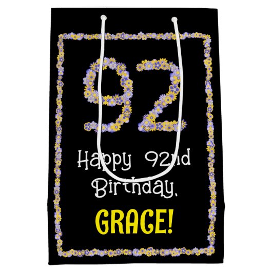 92誕生日:フローラ花数名前をカスタムする ミディアムペーパーバッグ (裏面)