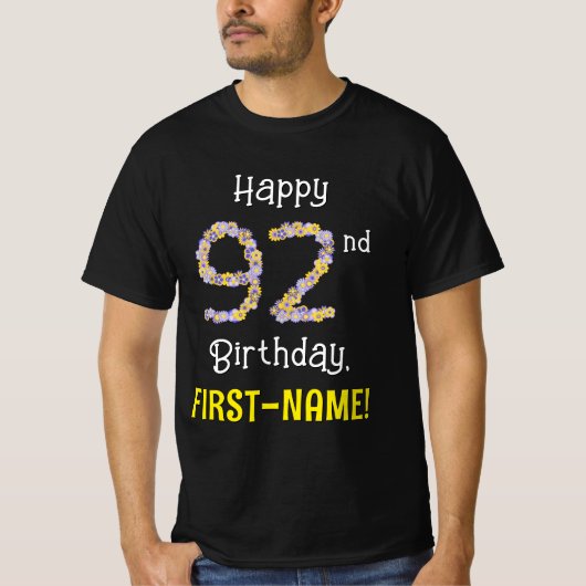 92誕生日:フローラ花数"92" +名前 Tシャツ (正面)