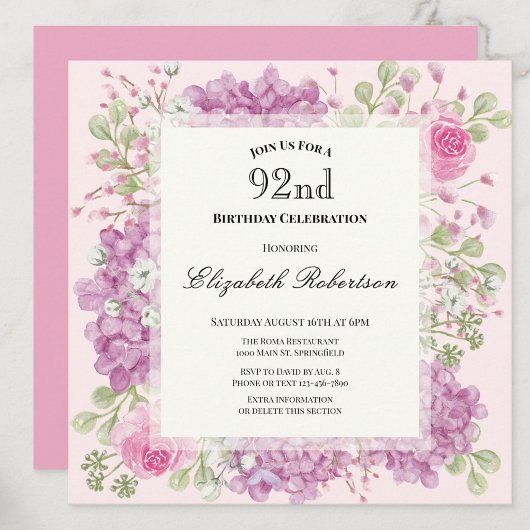 92nd Birthday Invitation Elegant Pink Flowers 招待状