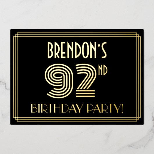 92nd Birthday Party —アールデコスタイル「92」 +名前 箔招待状 (正面)