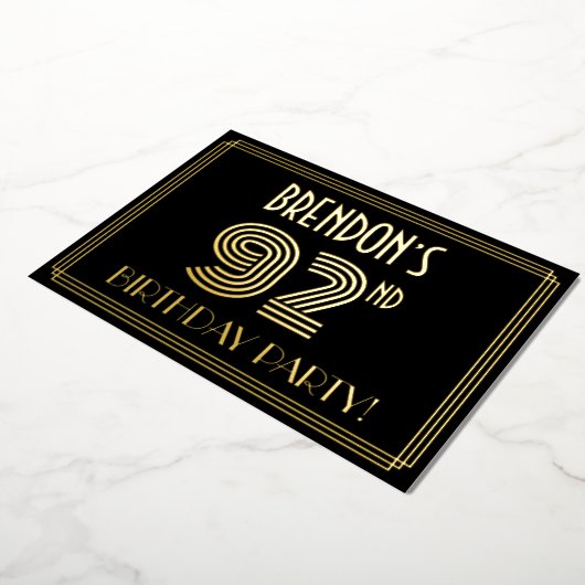 92nd Birthday Party —アールデコスタイル「92」 +名前 箔招待状 (回転した状態)