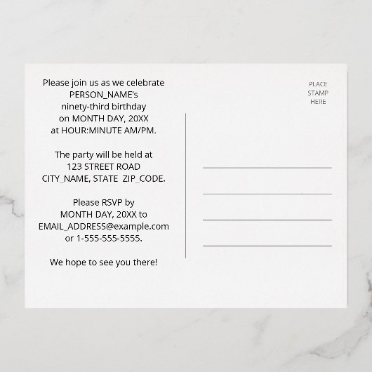 93回目の誕生日パはっきりしたーティカラフル:, Fireworks Look 箔招待状ポストカード (裏面)