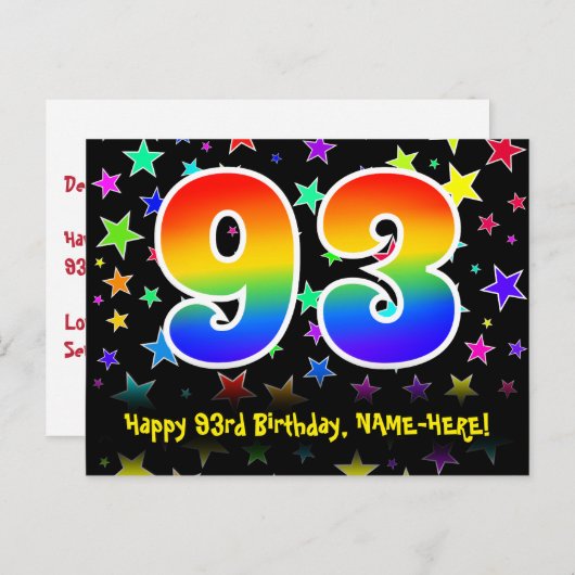 93歳の誕生日おめでとう:楽しいスターパターン、虹93、名前 ポストカード (正面/裏面)