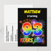 93歳の誕生日お祝い - 花火とレインボーの"93" ポストカード (正面/裏面)