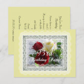 93歳の誕生日パーティー祝い - 赤/黄色のバラ 招待状 (正面/裏面)