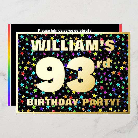 93歳の誕生日パーティー - 面白くてカラフルな星柄 箔招待状 (正面/裏面)