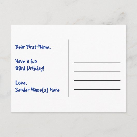 93歳の誕生日：ピンクのストライプとハート、レインボー93 ポストカード (裏面)