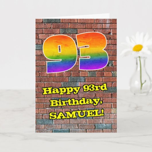 93歳の誕生日:楽しいグラフィティにインスパイアされた虹色の93 カード (小さな植物)