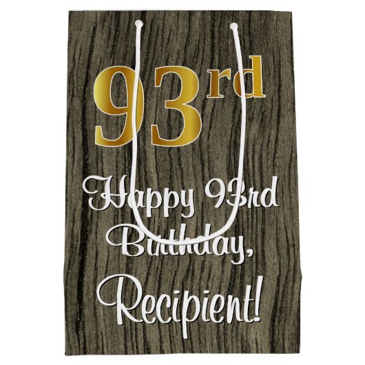 93番目の誕生日エレガント:フェイク金ゴールドルック数フェイク、木材 ミディアムペーパーバッグ (裏面)