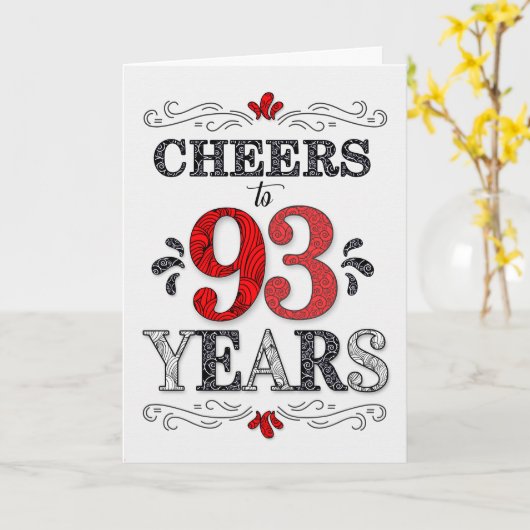 93番目の誕生日応援の赤い白の黒いパターン カード (黄色い花)