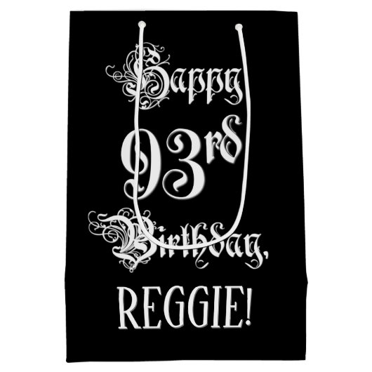 93番目の誕生日: ファンシー、スクリプエレガントト+名前をカスタムする ミディアムペーパーバッグ (裏面)