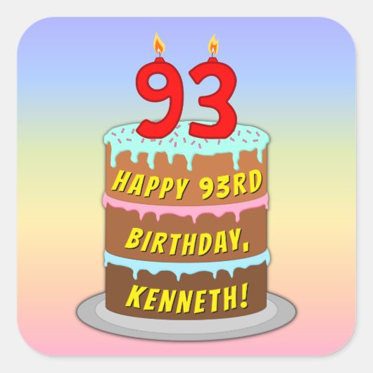 93誕生日:おもしろいケーキとキャンドル+名前をカスタムする スクエアシール (正面)