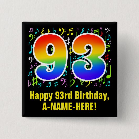 93誕生日:カラフル音楽シンボル、レインボー93 缶バッジ (正面)