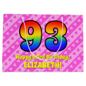 93誕生日:ピンクストライプのハート、レインボー# 93 ラージペーパーバッグ (裏面)