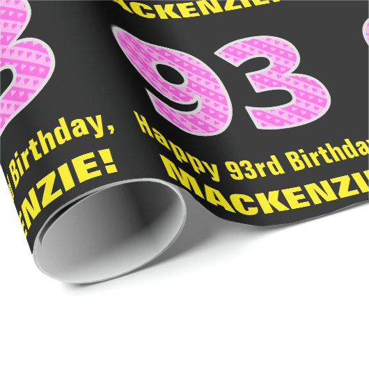 93誕生日:ピンクストライプ色のハートと"93" +名前 ラッピングペーパー (ロールコーナー)