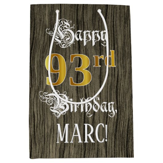 93誕生日:フェイク金ゴールドルック&ウッドフェイクパターン ミディアムペーパーバッグ (正面)