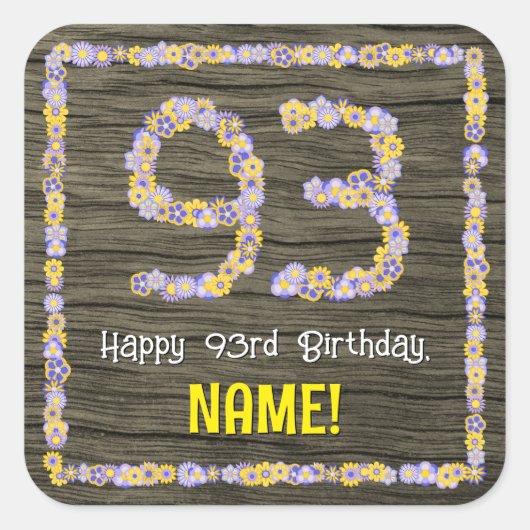 93誕生日:フローラ番号、フェイク木目、名前 スクエアシール (正面)