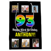 93誕生日: Rainbow "93"，写真カスタムと名前 ミディアムペーパーバッグ (正面)