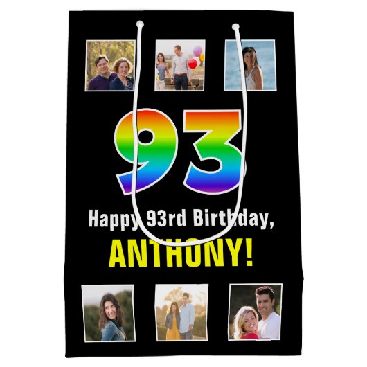 93誕生日: Rainbow "93"，写真カスタムと名前 ミディアムペーパーバッグ (裏面)
