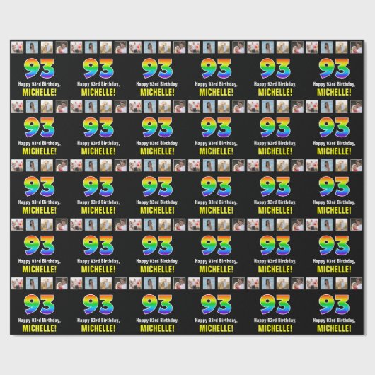 93誕生日: Rainbow "93";写真カスタムと名前 ラッピングペーパー (フラット)