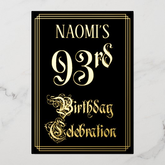 93rd Birthday Party – スクリプファンシートと名前をカスタムする 箔招待状 (正面)