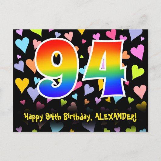 94歳の誕生日おめでとう:楽しいハート柄、虹94 ポストカード (正面)