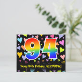 94歳の誕生日おめでとう:楽しいハート柄、虹94 ポストカード (スタンド正面)