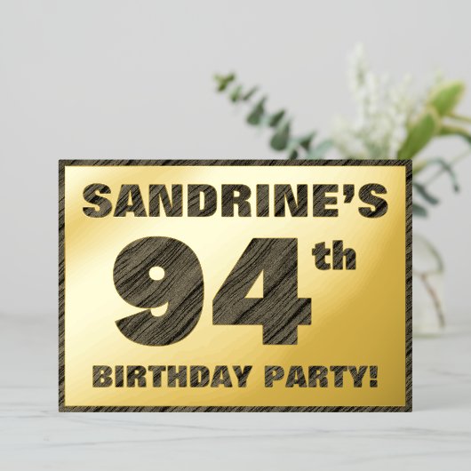 94歳の誕生日パーティー - 太字のフェイク木目調テキスト 箔招待状 (立ち正面)